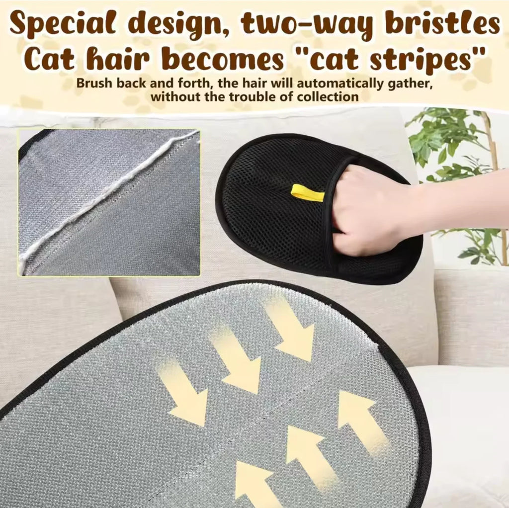 Cat grooming brush with text explaining its design and benefits, on a neutral background.