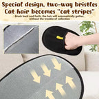 Cat grooming brush with text explaining its design and benefits, on a neutral background.