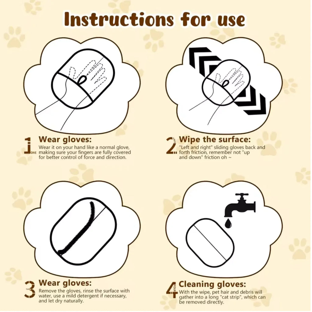 Instructions for using cleaning gloves on a beige background