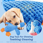 Dog playing with a blue toy on a textured blue mat, with an inset showing the texture of the mat.