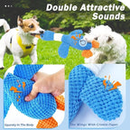 Dog toy with crinkle paper wings and squeaky sound, shown being played with by two dogs outdoors.