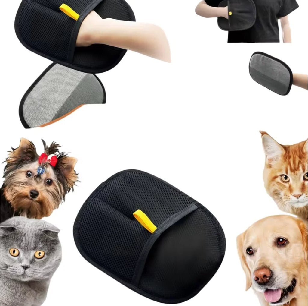 Black pet grooming mitt with yellow accents on a white background, surrounded by images of dogs and cats.