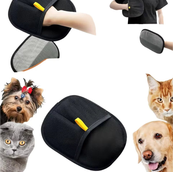 Black pet grooming mitt with yellow accents on a white background, surrounded by images of dogs and cats.