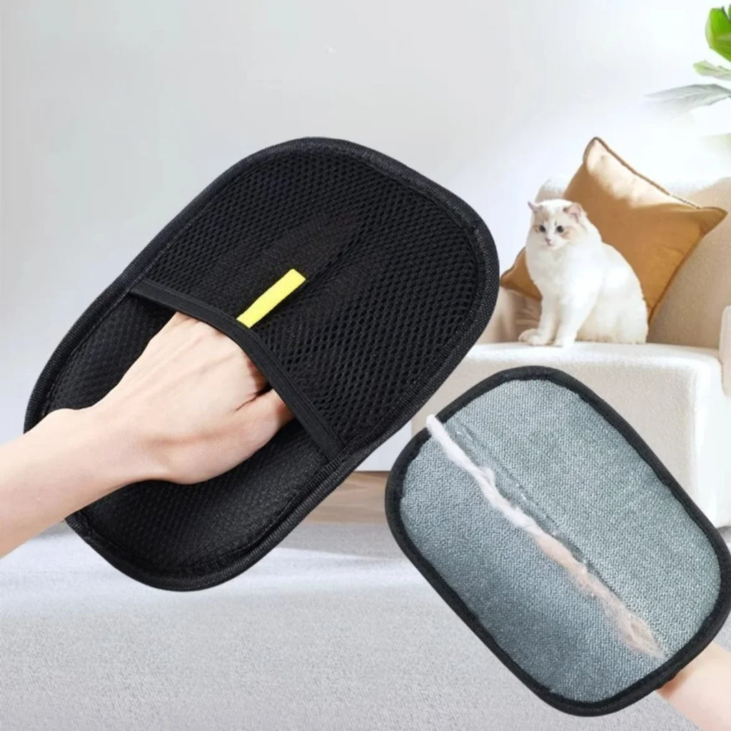 Black mesh pad with a yellow label held by a hand, with a gray cleaning pad on a white surface.