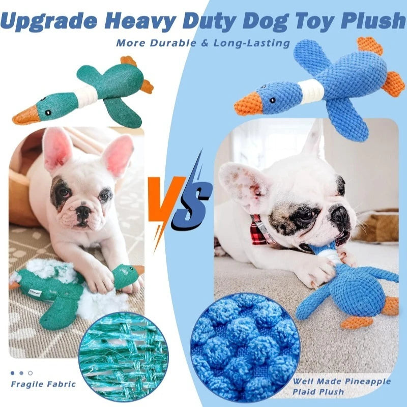 Comparison of two dog toys with dogs playing with them, highlighting durability and plushness.